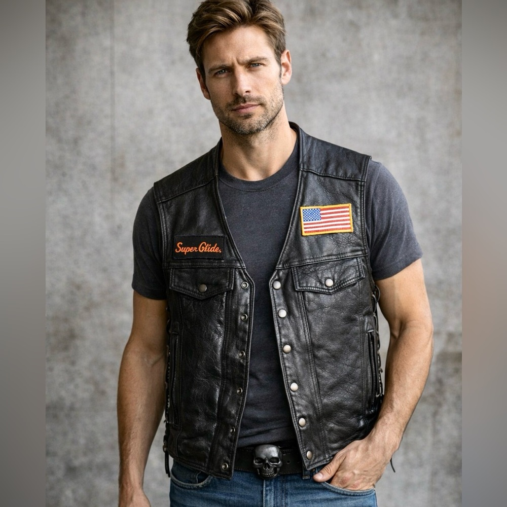 Jamin Leather Motorcycle Biker Vest Men’s Small Lace Side USA Flag Super Glide